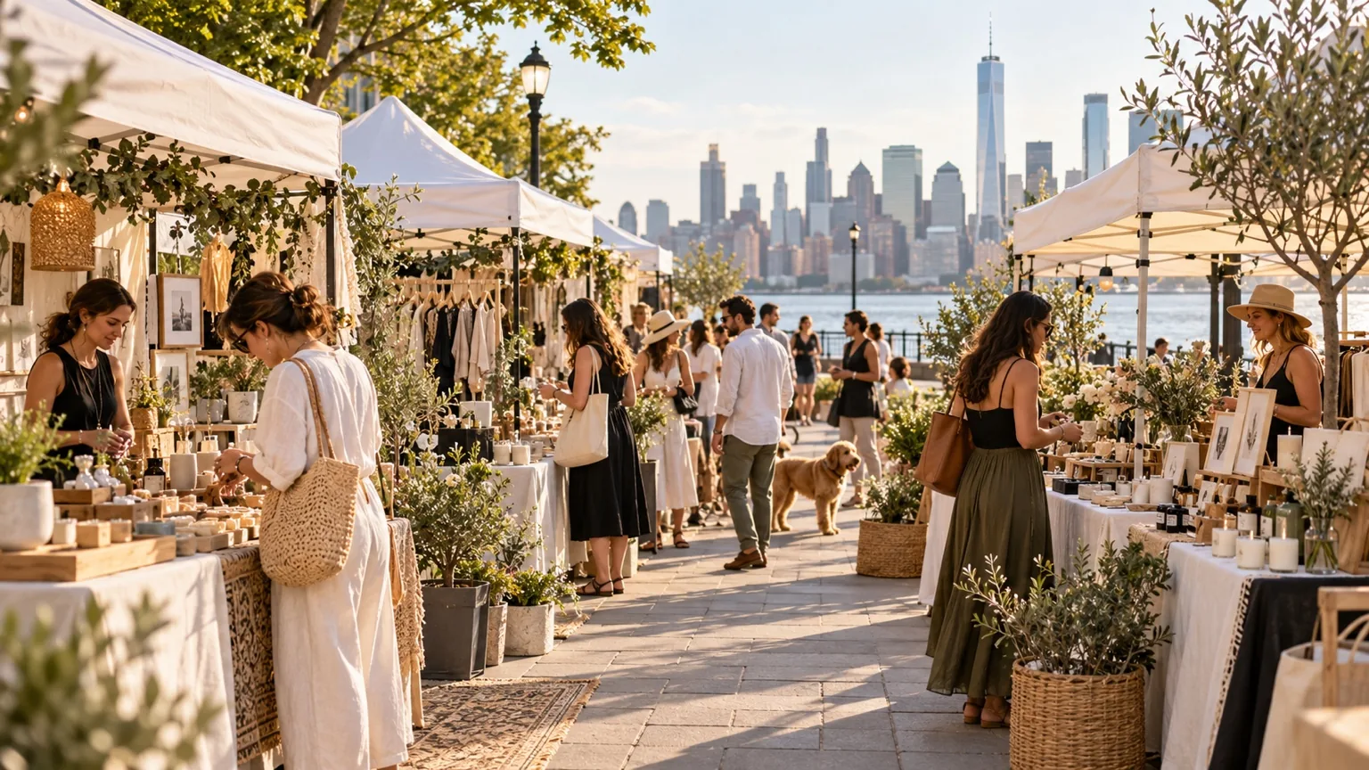 White canopy tents and artisan booths along the Hudson waterfront with the New York skyline